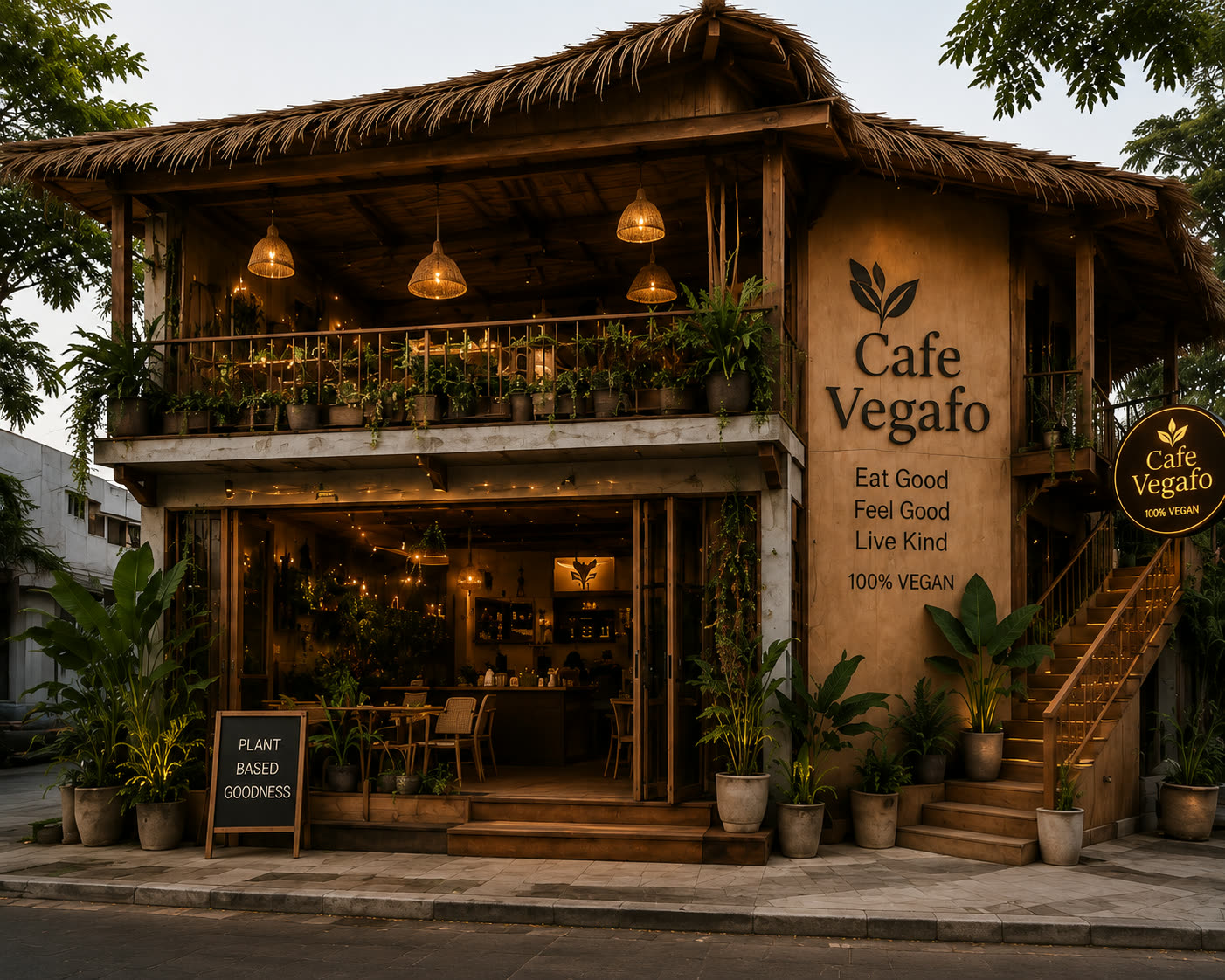 The VEGAFO café building — warm gold signage, natural wood and botanical detailing