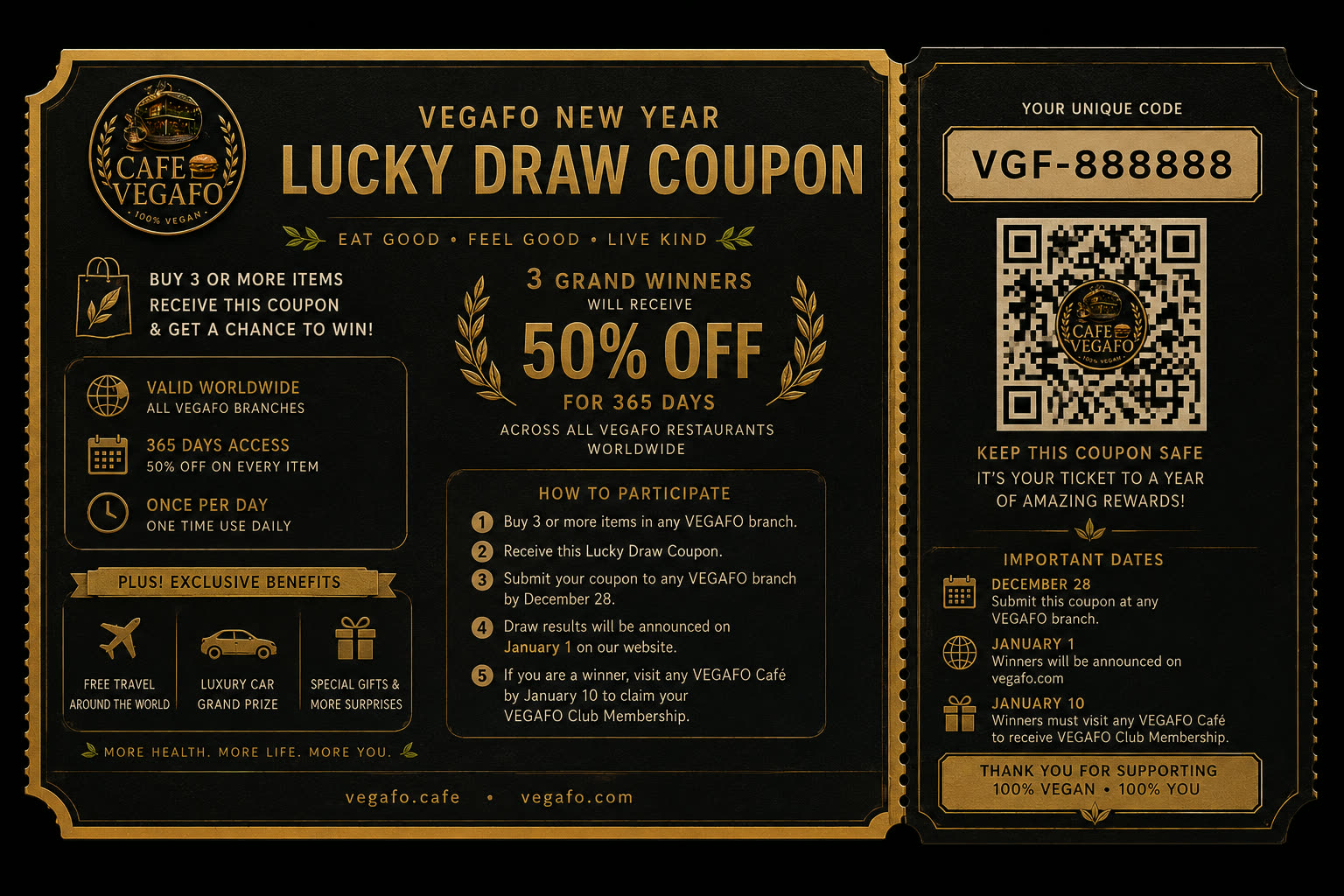 VEGAFO New Year Lucky Draw Coupon with unique code and QR code