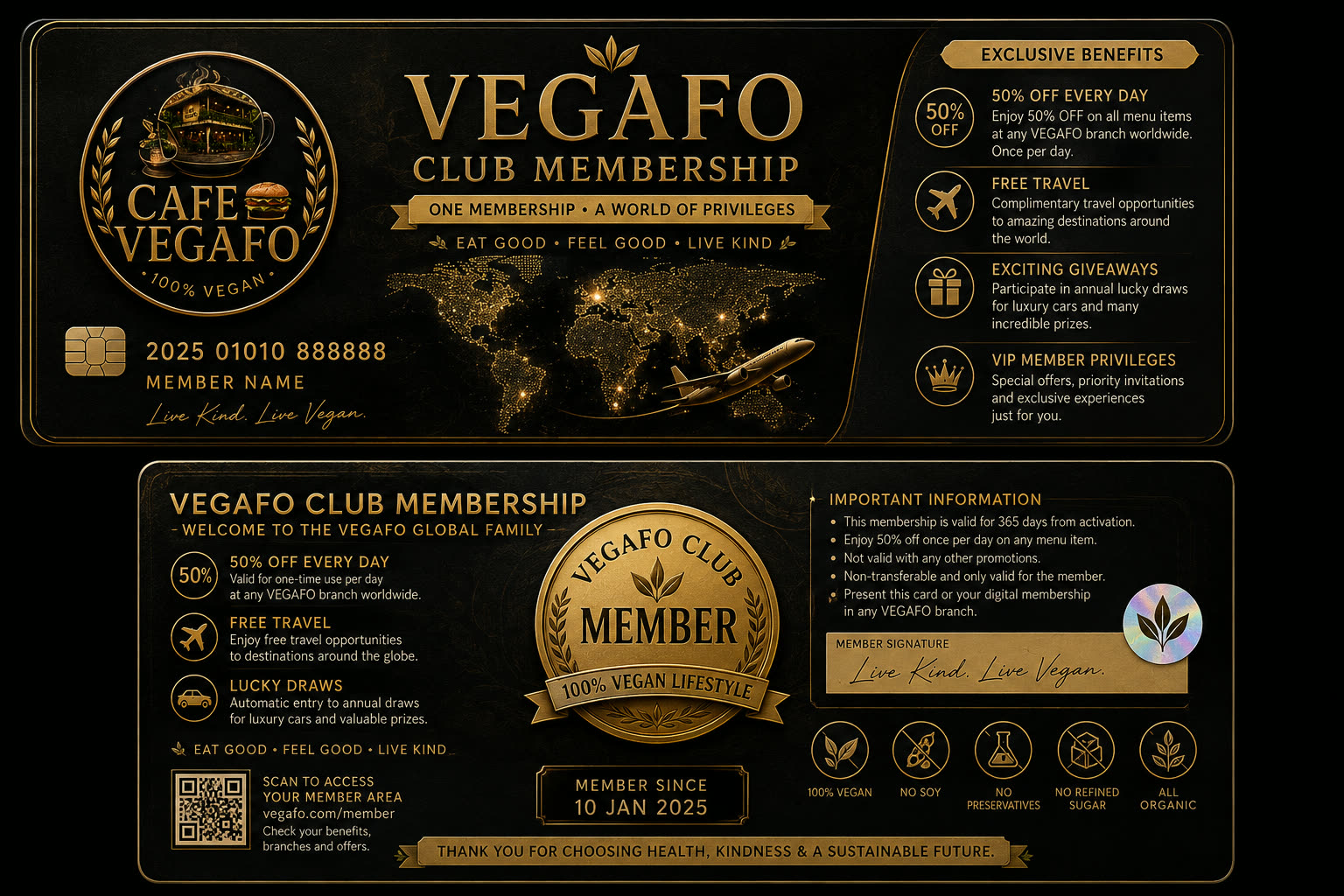 VEGAFO Club Membership card in black and gold with the Café Vegafo emblem